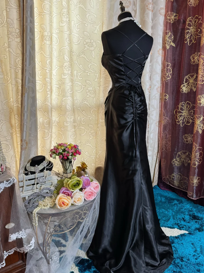 Fashion Black Spaghetti Straps Satin Beaded Mermaid Long Evening Dress Formal Wedding Guest Dress SP1614