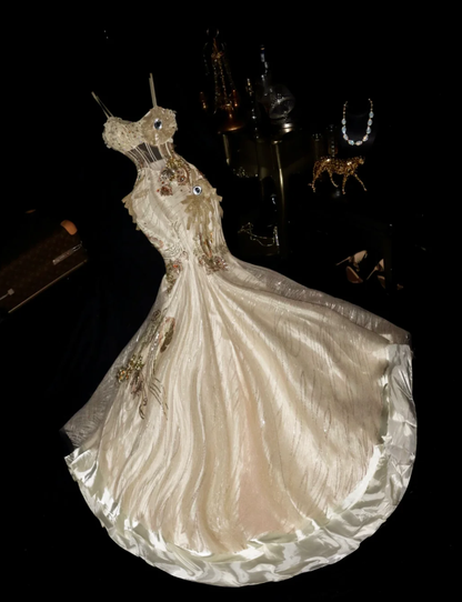 Shiny Spaghetti Straps Champagne Tulle Sequin Mermaid Evening Dress Long Wedding Guest Dress SP1428