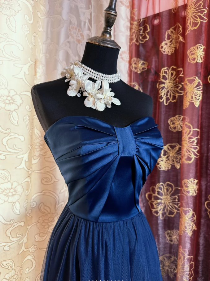 Simple Strapless Satin Tulle A Line Long Wedding Guest Dress Navy Blue Evening Dress Prom Gown SP1620