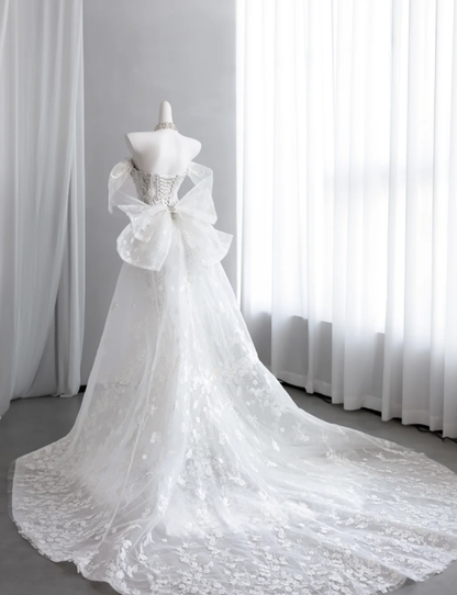 Classy Off The Shoulder White Tulle Beaded Lace Appliques Mermaid Long Wedding Dress Formal Bridal Dress SP1516
