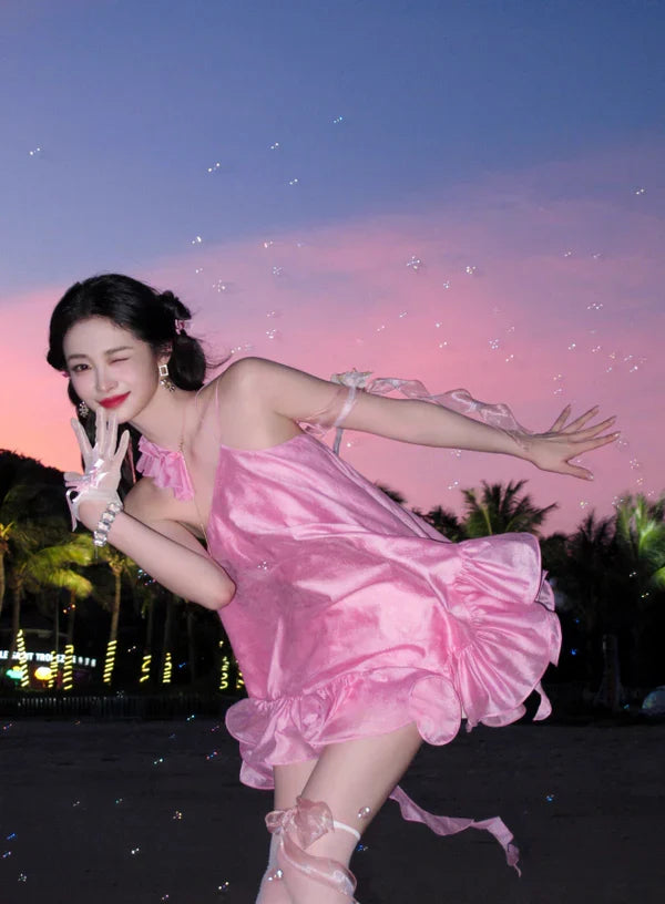 Cute Pink Ruffle Short A-Line Satin Party Dress Cocktail Dress Homecoming Dress TP4429
