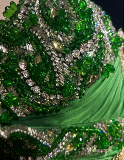 Gorgeous Green One Shoulder Satin Beaded Long Party Dress Birthday Dress SP1859