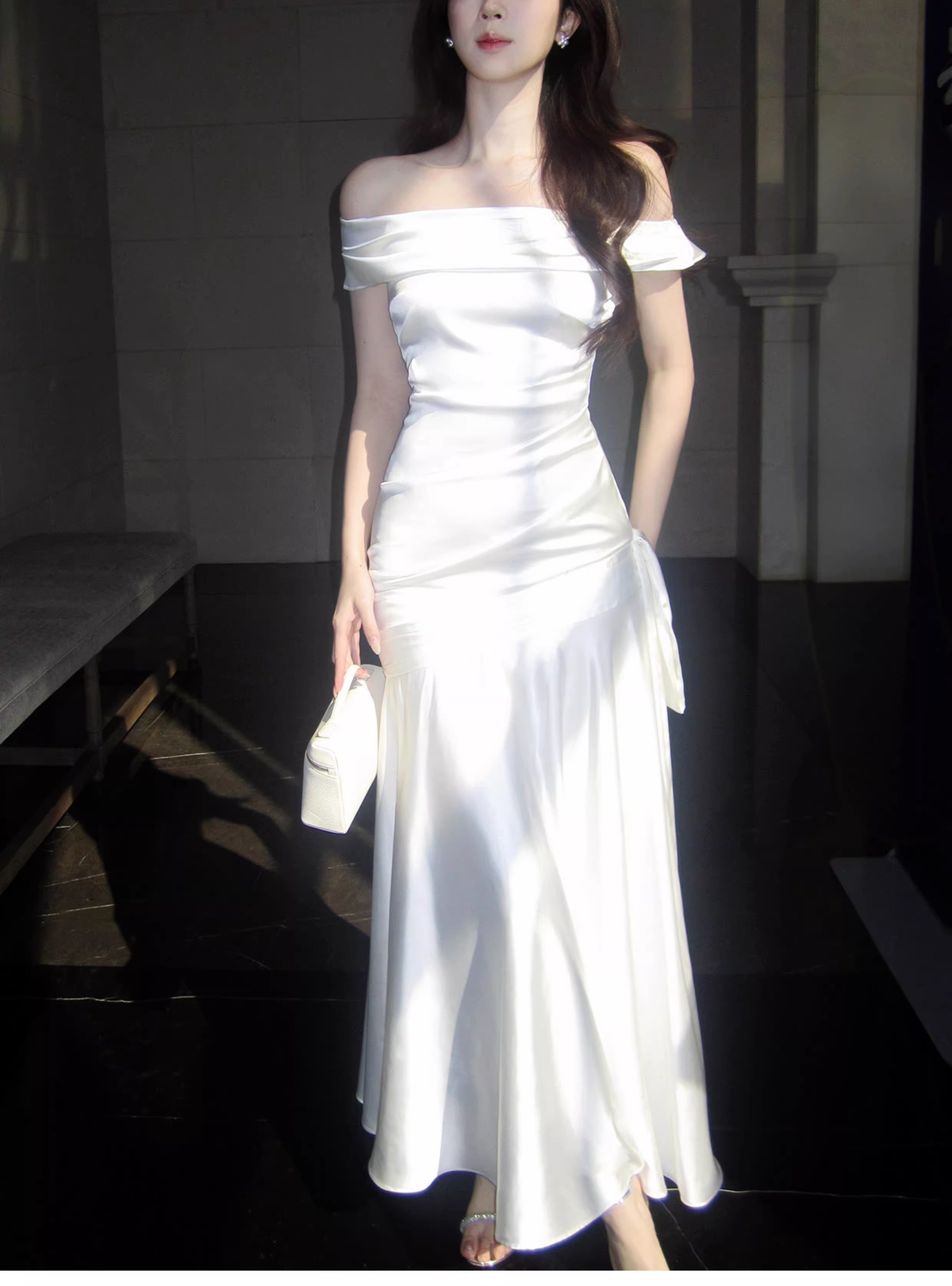 Charming Off The Shoulder White Satin Pleated Mermaid Long Evening Dress Birthday Dress SP1642