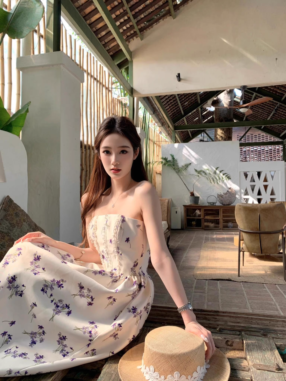 Sweet Strapless Off White Satin Print Floral A Line Long Evening Dress Birthday Dress SP2029