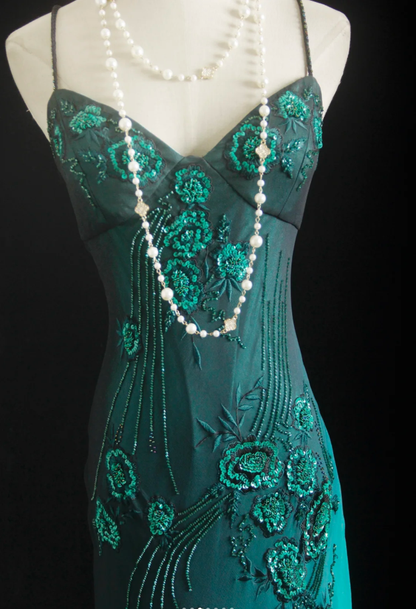 Vintage Spaghetti Straps Ombre Green Chiffon Beaded Evening Dress Mermaid Long Prom Gown