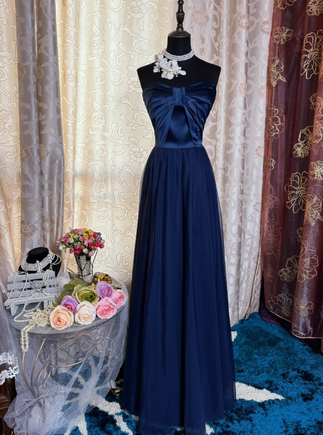 Simple Strapless Satin Tulle A Line Long Wedding Guest Dress Navy Blue Evening Dress Prom Gown SP1620