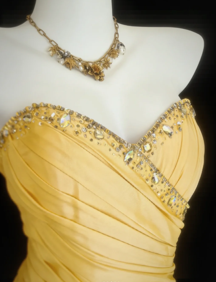 Fairy Yellow Strapless Satin Pleated Mermaid Long Party Dress Formal Wedding Guest Dress With Beads SP1639