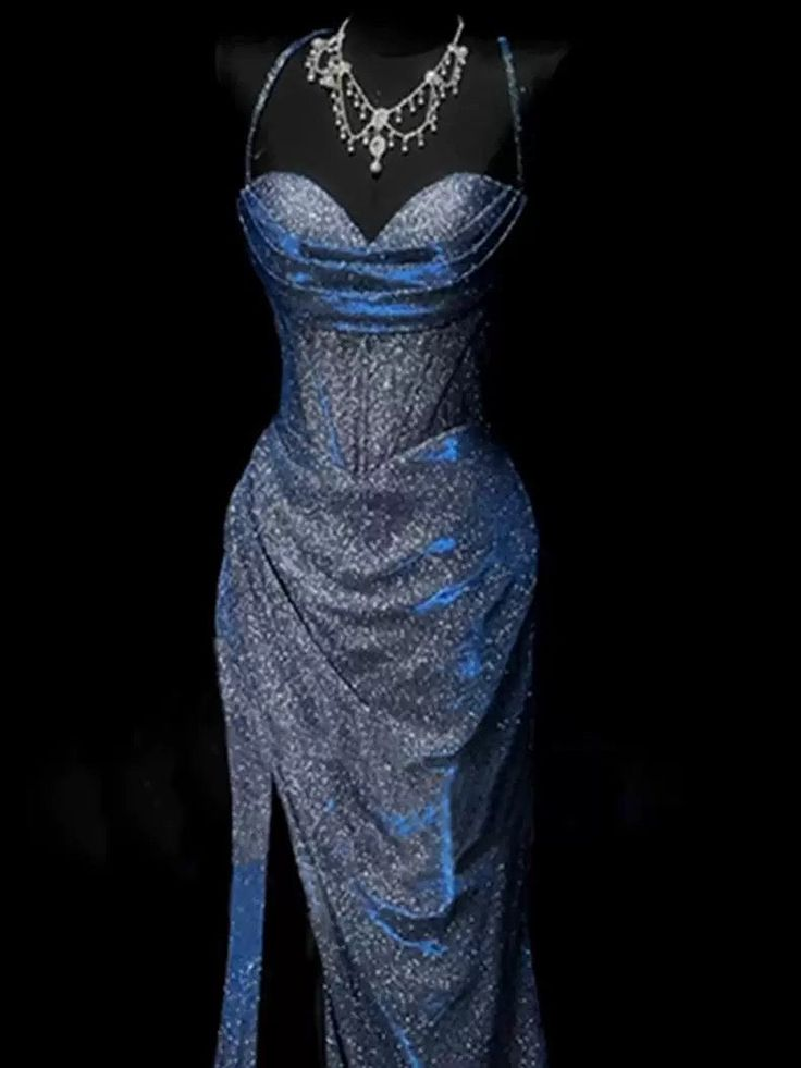 Classy Mermaid Spaghetti Straps Navy Blue Satin Long Evening Dress Prom Dress  Y8768