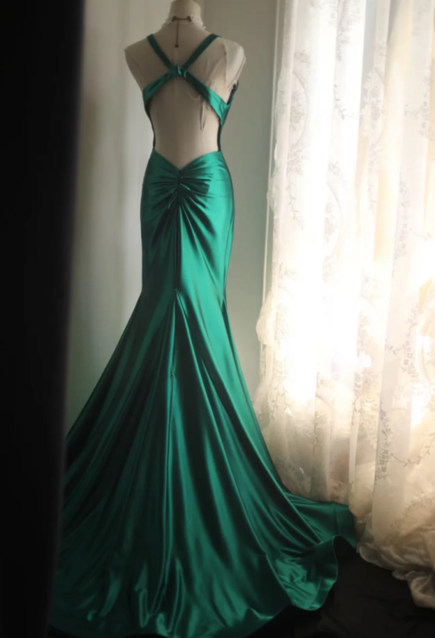 Stylish Green V Neck Satin Backless Long Mermaid Party Dress Formal Wedding Guest Dress SP1204