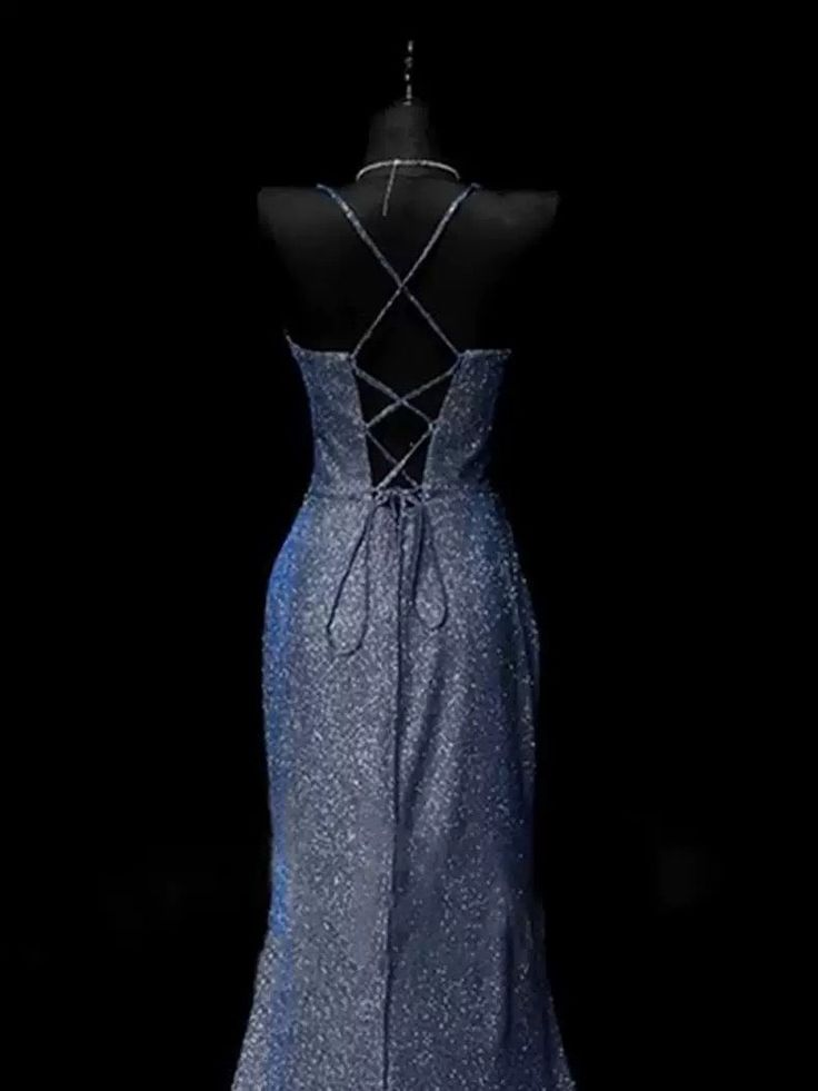 Classy Mermaid Spaghetti Straps Navy Blue Satin Long Evening Dress Prom Dress  Y8768