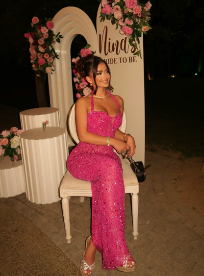 Sparkly Pink Halter Sequin Long Party Dress Formal Birthday Prom Dress SP1316