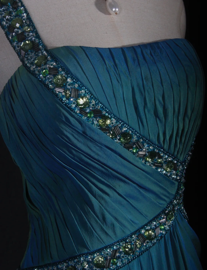 Unique Blue One Shoulder Satin Pleated Beaded Mermaid Prom Dress Long Birthday Evening Gowns