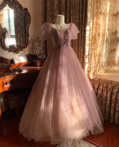 Sweet Tulle Sequin Beaded Ball Gown Pink Long Evening Dress Birthday Party Dress