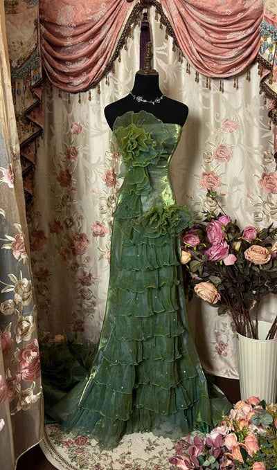 Vintage Green Strapless Satin Tulle Layered Ruffle Mermaid Long Prom Dress Evening Gown