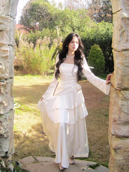 Elegant White Square Neck Satin Layered Ruffles Mermaid Long Evening Dress Birthday Dress SP1646