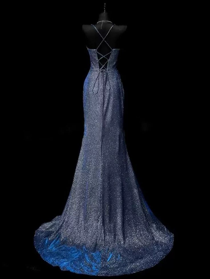Classy Mermaid Spaghetti Straps Navy Blue Satin Long Evening Dress Prom Dress  Y8768