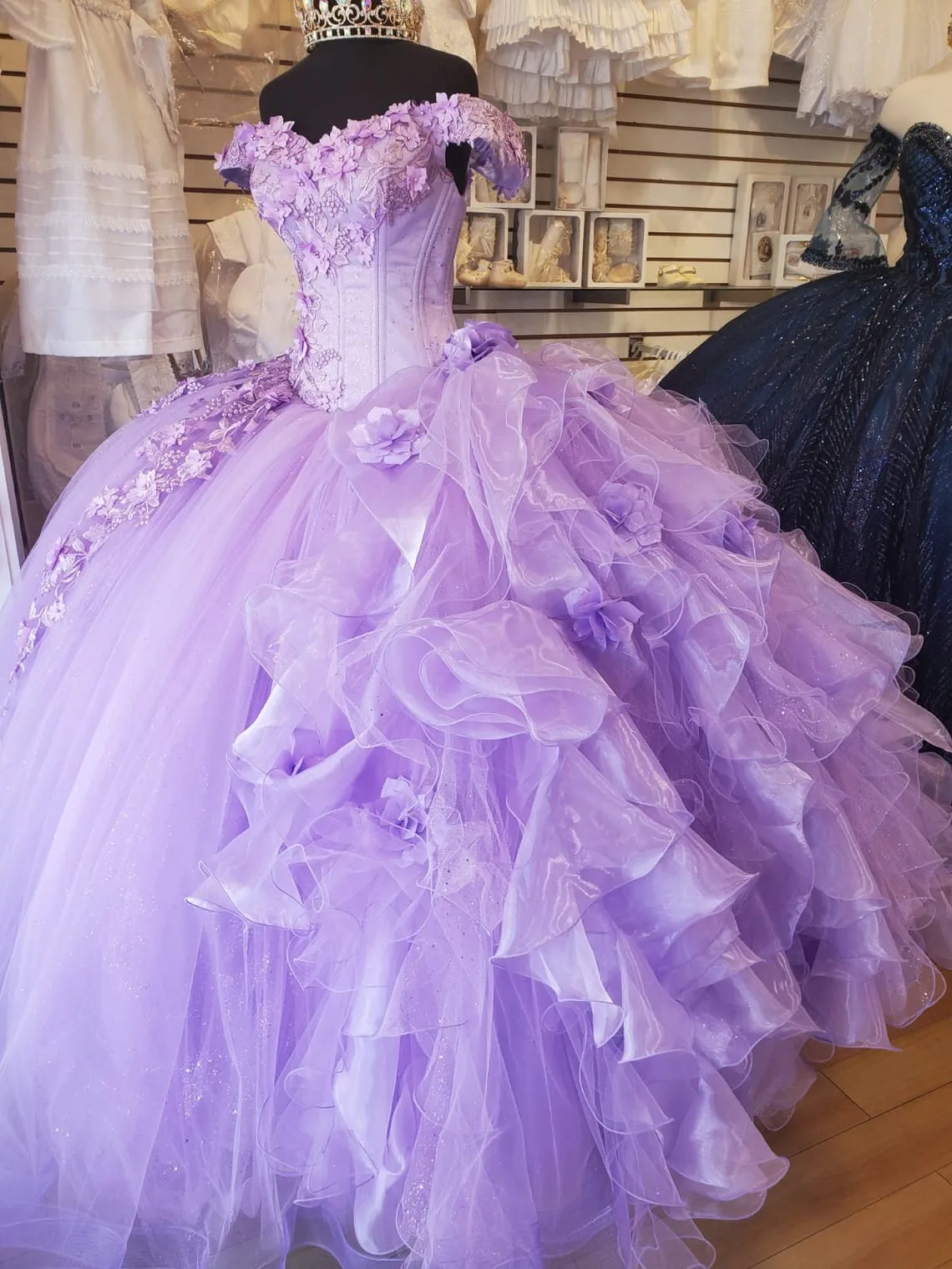 Off-The-Shoulder Lavender Tulle Quinceanera Dresses Flowers Ball Gown Sweet 15  C1601