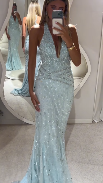 Gorgeous Halter V Neck Blue Satin Sequin Beaded Mermaid Long Party Dress Evening Gown SP1868