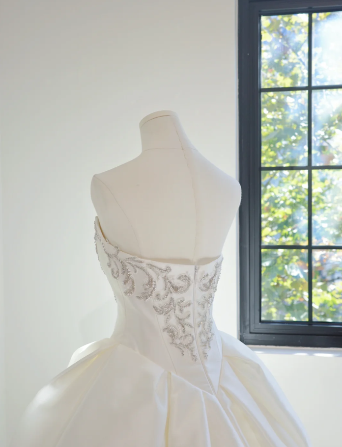 Elegant Strapless White Satin Beaded Ball Gown Long Wedding Dress