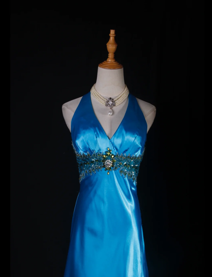 Elegant Halter V Neck Satin Beaded Prom Dress Blue Mermaid Slit Long Party Gowns