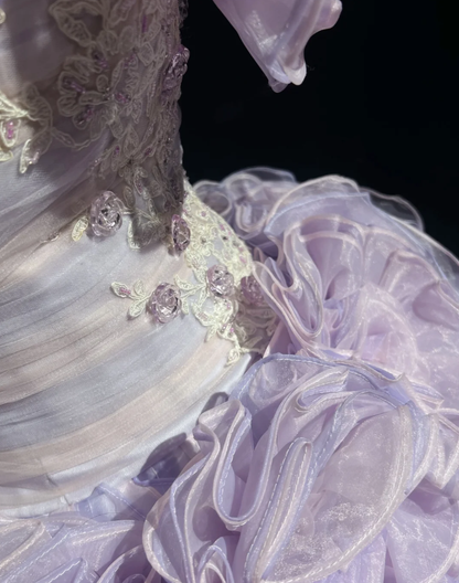 Fairy Princess Ball Gown Lilac Strapless Organza Pleated Ruffles Birthday Quinceanera Dress With Appliques SP1818