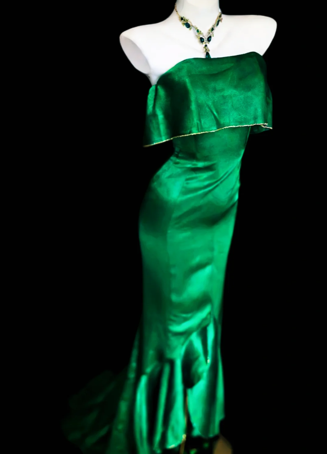 Fashion Strapless Satin Mermaid Long Wedding Guest Dress Green Party Dress SP1591