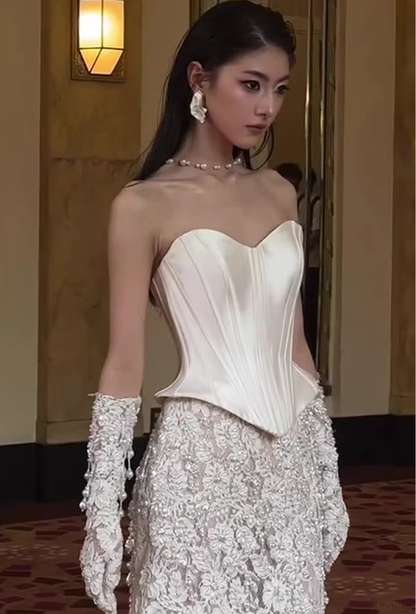 Fairy Strapless White Lace Pearls Mermaid Evening Dress Birthday Party Gown With Gloves