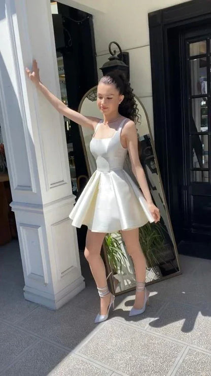 Vintage White Satin Short A-Line Party Dress Cocktail Dress Homecoming Dress TP4448