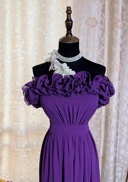 Classy Purple Ruffles Strapless Chiffon Long Prom Dress Evening Gown SP1895