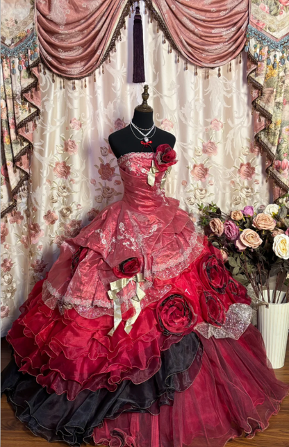 Beautiful Red Quinceanera Dress Strapless Tulle Appliques Layered Ball Gown With 3D Flowers