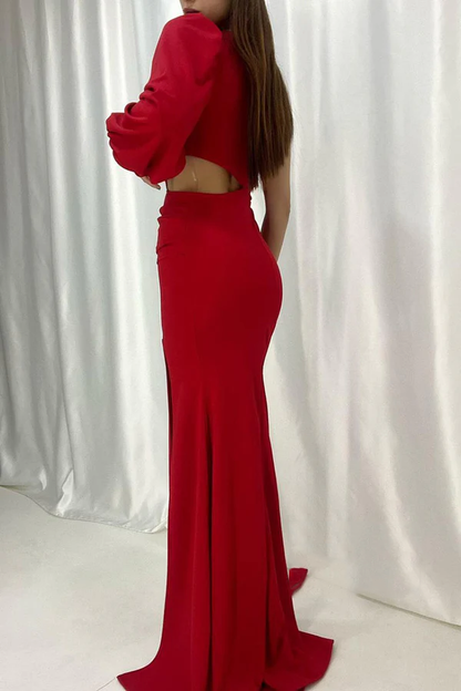 Unique tight fitting/column single shoulder pleated long sleeved formal evening dress