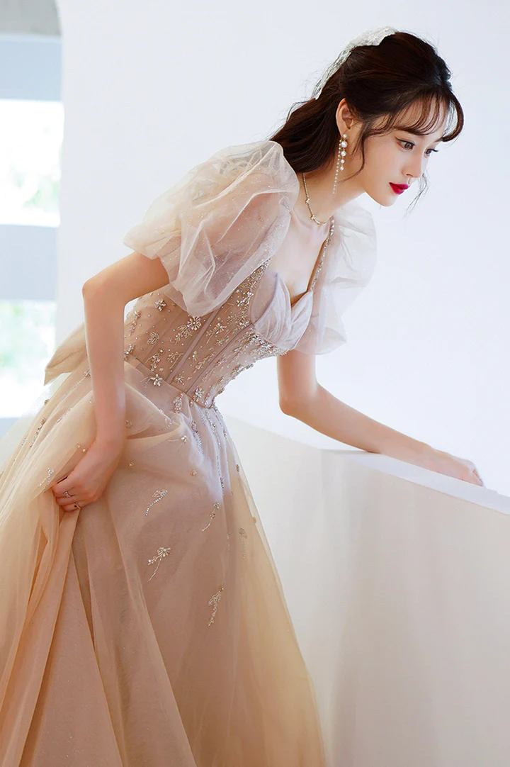 Cute tulle beads long prom dress A line evening gown c2948