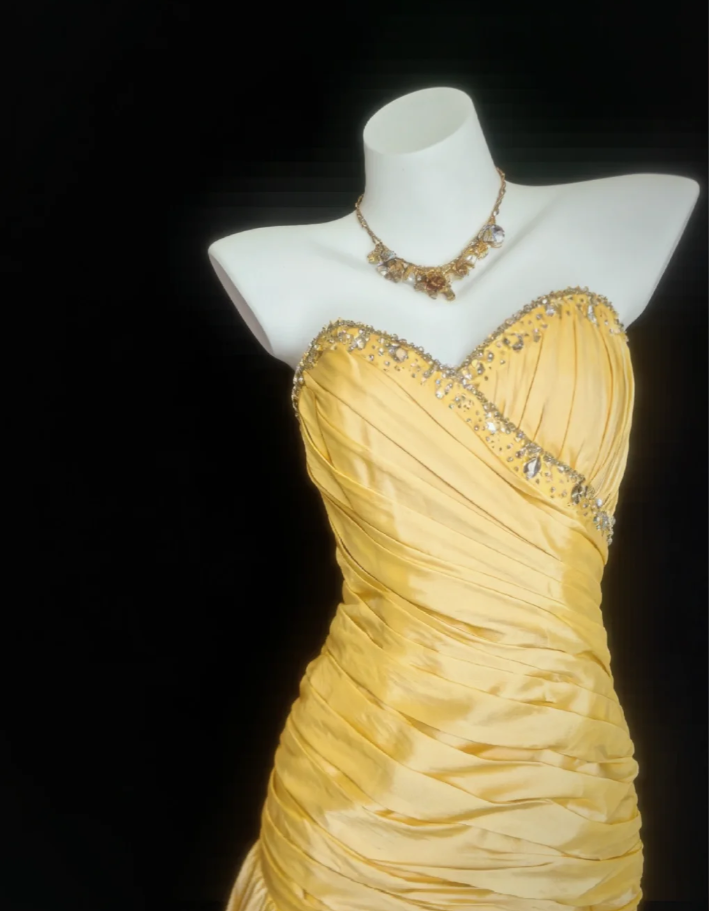 Fairy Yellow Strapless Satin Pleated Mermaid Long Party Dress Formal Wedding Guest Dress With Beads SP1639