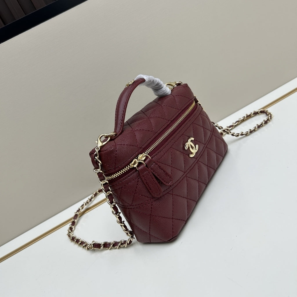 Chanel Classic Vanity With Chain Gold Tone Dark Red 19cm