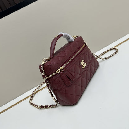 Chanel Classic Vanity With Chain Gold Tone Dark Red 19cm