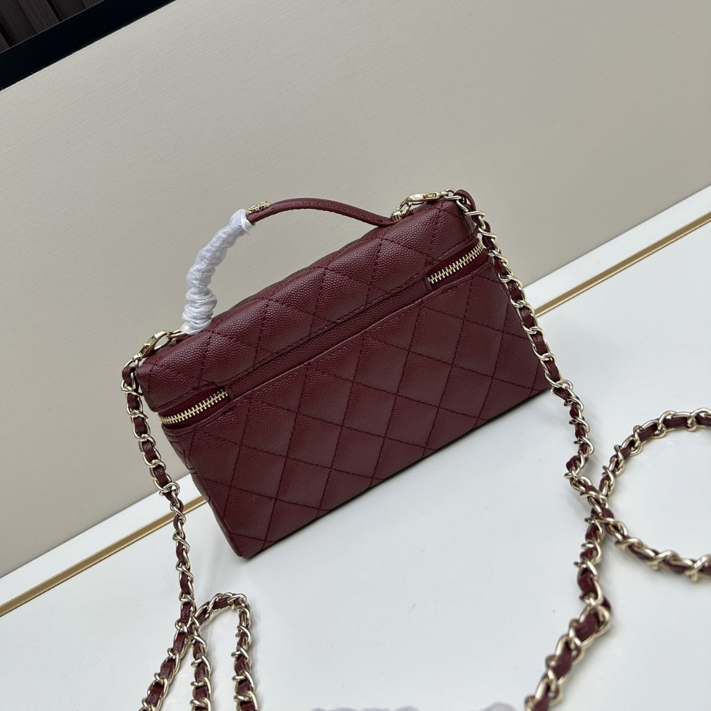Chanel Classic Vanity With Chain Gold Tone Dark Red 19cm