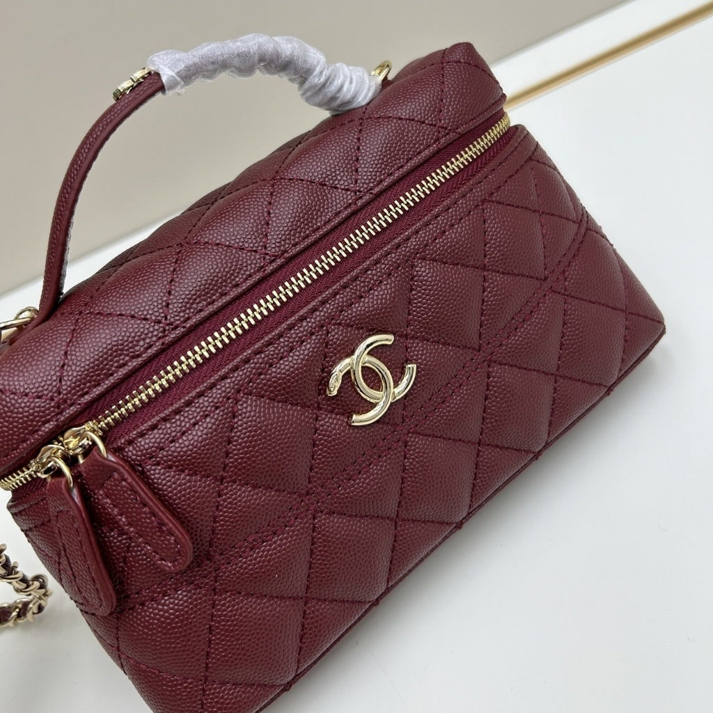 Chanel Classic Vanity With Chain Gold Tone Dark Red 19cm