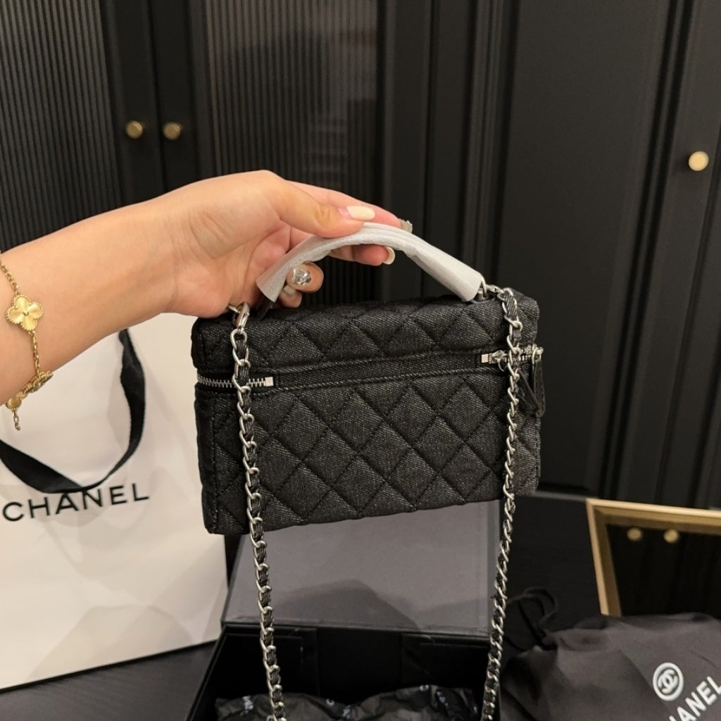 Chanel Classic Vanity With Chain Silver Tone Denim Black 19cm