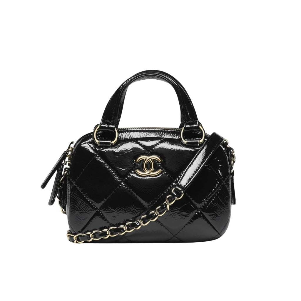Chanel Mini Bowling Bag Shiny And Gold Tone Black 18cm