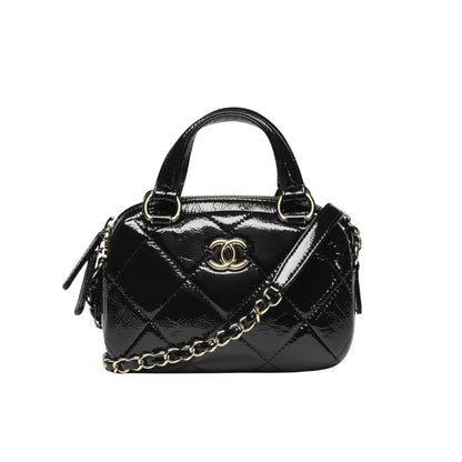 Chanel Mini Bowling Bag Shiny And Gold Tone Black 18cm
