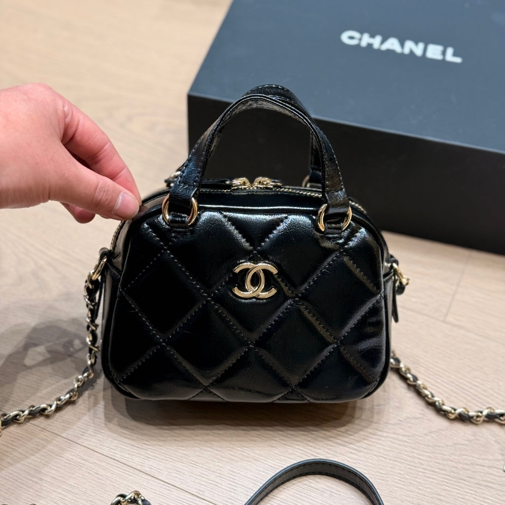 Chanel Mini Bowling Bag Shiny And Gold Tone Black 18cm
