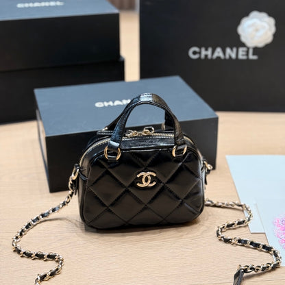 Chanel Mini Bowling Bag Shiny And Gold Tone Black 18cm