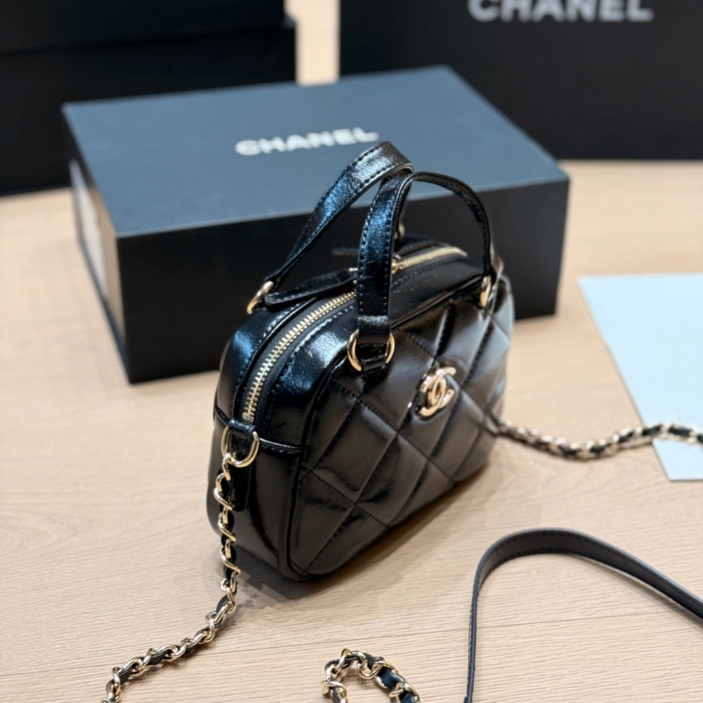 Chanel Mini Bowling Bag Shiny And Gold Tone Black 18cm