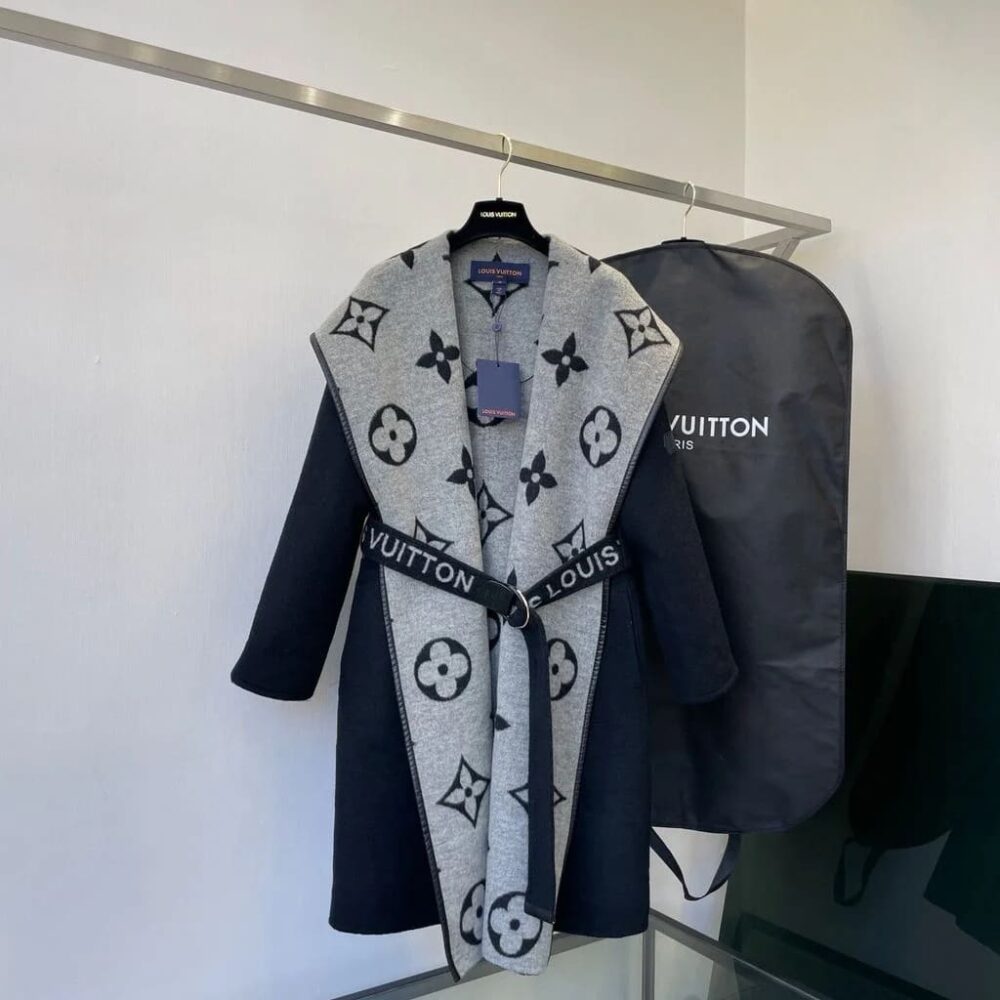 Louis Vuitton Belted Double Sided Hooded Wrap Coat Black And Gray