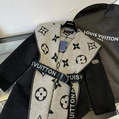 Louis Vuitton Belted Double Sided Hooded Wrap Coat Black And Gray
