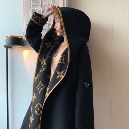 Louis Vuitton Hooded Wrap Coat Monogram Wool In Black