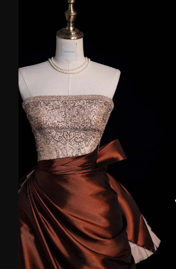 Vintage Strapless Satin Beaded A Line Evening Dress Prom Gown