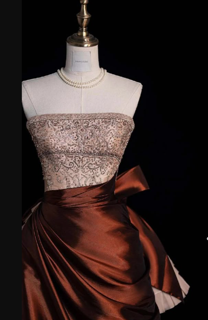 Vintage Strapless Satin Beaded A Line Evening Dress Prom Gown