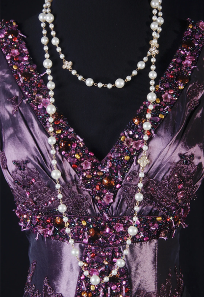 Vintage Purple V Neck Satin Beaded Mermaid Evening Dress Long Birthday Party Gown