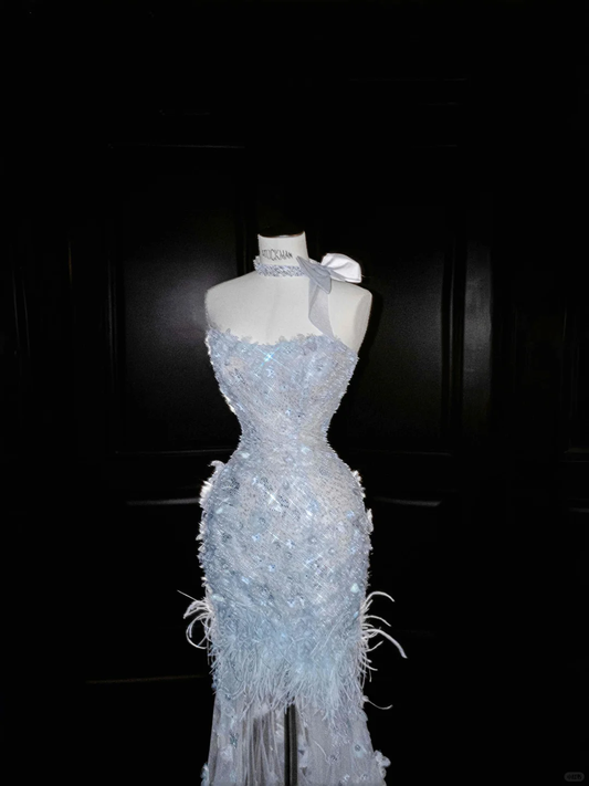 Dream Blue Tulle Beaded Appliques Long Prom Dress,Slit Mermaid Evening Dress Wedding Dress Y8668